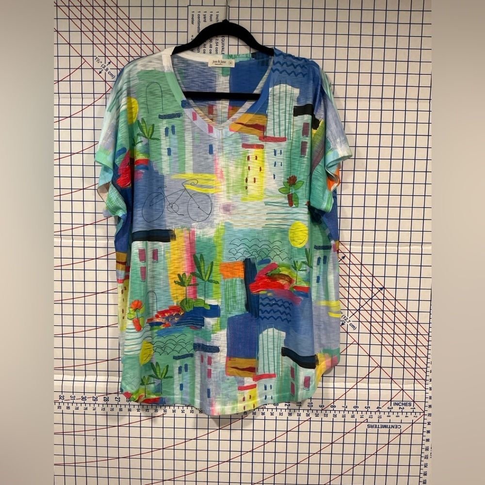 Jess and Jane Colorful V neck top SZ 1X